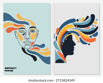 Abstractas carteles de arte moderno con Formas coloridas y fluidas que representan el pensamiento humano y la expresión creativa.