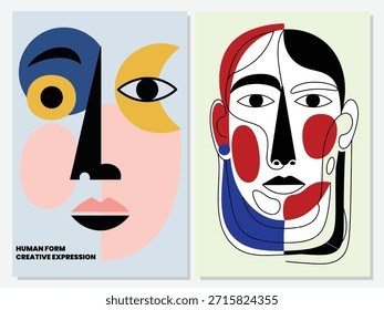 Abstractas carteles de arte moderno con dos rostros humanos estilizados en Formas geométricas y colores llamativos.