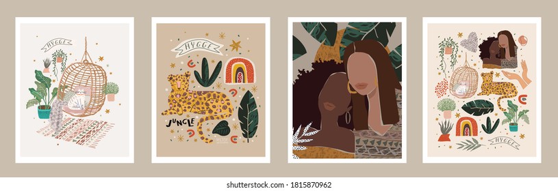Abstract modern art posters. Vector illustrations of fashionable portraits, spots, cozy interior items, textures, jungle and leopard. Drawings for background, cover and card\n \n