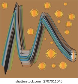 Abstractas estampado de arte moderno con un dinámico trazo en forma de $M$ contra un fondo de brillantes rayos de sol naranja. Perfecto para arte de pared digital único o activos de Diseño gráfico.