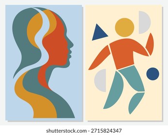 Abstract modern art prints featuring a layered human profile and a geometric figure in warm muted colors.