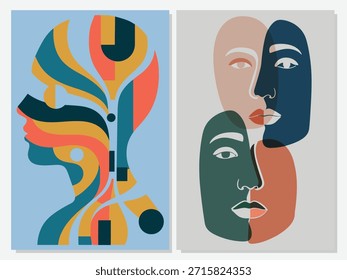 Abstractas impresiones de arte moderno con coloridos perfiles geométricos y caras humanas minimalistas superpuestas.