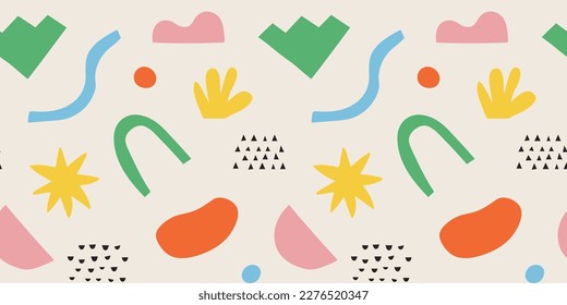 Abstract modern art seamless pattern with colorful freehand doodles. Organic flat cartoon background, simple random shapes in bright childish colors. 