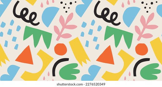 Abstract modern art seamless pattern with colorful freehand doodles. Organic flat cartoon background, simple random shapes in bright childish colors. 