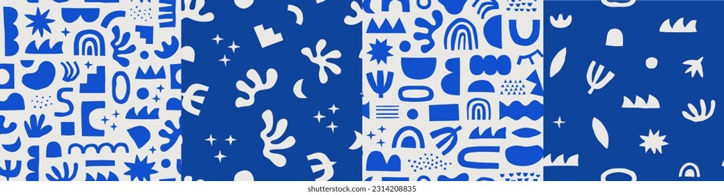 Abstract modern art seamless pattern with blue color geometric shapes. Organic flat cartoon background set. Simple cutout decorative element texture in contemporary style. Repeat wallpaper print.  