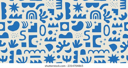 Abstract modern art seamless pattern with colorful geometric shapes. Organic flat cartoon background, simple collage cutout decoration in contemporary matisse style.