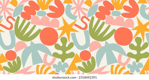 Abstract modern art seamless pattern with colorful freehand doodles. Organic flat cartoon background, simple summer shapes in bright childish colors. 