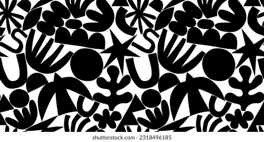 Abstract modern art seamless pattern with black and white doodles. Organic flat cartoon background, simple summer shapes in childish style. 