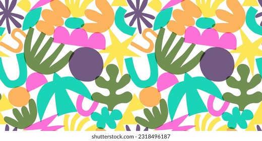 Abstract modern art seamless pattern with colorful freehand doodles. Organic flat cartoon background, simple summer shapes in bright childish colors. 