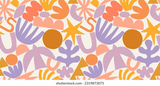 Abstract modern art seamless pattern with colorful freehand doodles. Organic flat cartoon background, simple summer shapes in bright childish colors. 