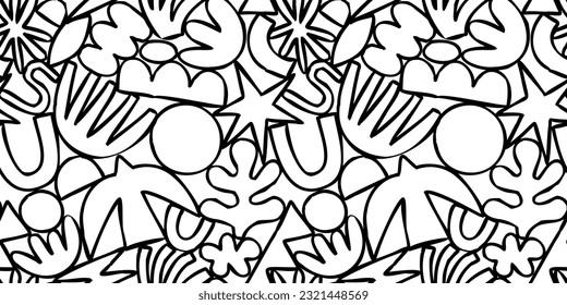 Abstract modern art seamless pattern with black and white doodles. Organic flat cartoon background, simple summer shapes in childish style. 