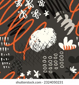 Abstract modern art seamless pattern with freehand doodles. Simple random shapes repeating background. Cartoon vector print design