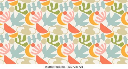 Resumen de arte moderno patrón sin fisuras con doodles coloridos a mano alzada. Fondo de caricatura orgánica plana, formas de verano simples en colores brillantes infantiles. 