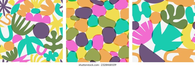 Abstract modern art seamless pattern set with colorful freehand doodles. Organic flat cartoon background collection, simple summer shapes in bright childish colors.
