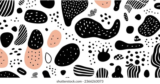 Abstract Modern Art Seamless Pattern With Black and White Doodles. Organic Flat Cartoon Background, Simple Summer Shapes in Childish Style