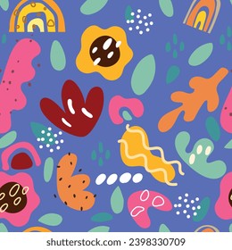 Abstract modern art seamless pattern with colorful freehand doodles on blue background. Organic flat cartoon background, simple summer shapes in bright childish colors.