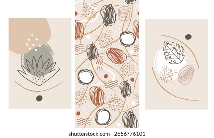 Abstract Modern Art with simple geometric shapes of lines, circles set. Minimalist vertical posters and seamless pattern. Vector Illustration in pastel colors for poster, T-shirt print, cover, banner