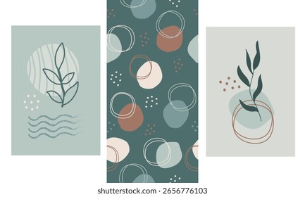 Abstrakte moderne Kunst mit einfachen Formen, Linien, Kreisen und Punkten. Minimalistische vertikale Poster und nahtloses Muster. Vektorgrafik Pastellfarben für Poster, Druck, Cover, Banner, Inhaltserstellung
