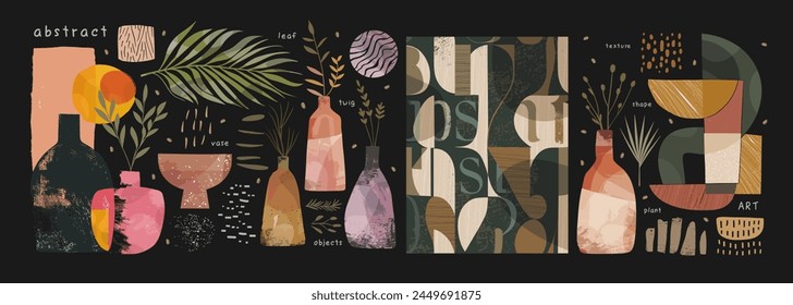  Abstract modern art. Vector illustration of abstraction, aesthetics stylish geometric shape, vase with plants, twigs and leaves for a wall interior poster or wallpaper