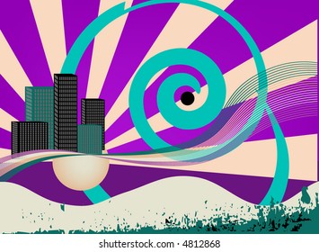 Abstract modern art vector illustration of city with rainbow and grunge elements.