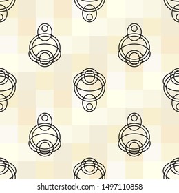 Abstract modern art wallpaper vector design that is a repeating seamless pattern in black circle design on beige tile block background stripes