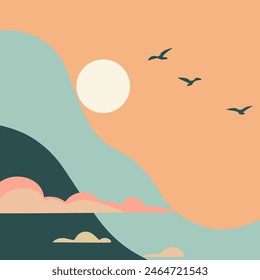 Abstract modern background with birds, clouds in the sky, orange colors