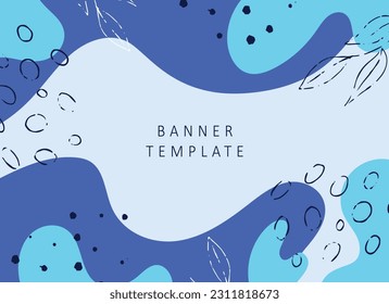 Abstrakter, moderner Hintergrund, blaue Banner-Vorlage mit glatten Wellen und handgezeichnet Elementen. Geeignet für Beauty-Design
