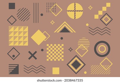 Abstract modern background. Brown poster with geometric shape and abstract line. Design element for packages. Composition of circles, triangles and squares. Cartoon flat isolated vector illustration