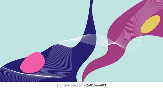 Abstract modern background with colorful fluid shapes, wavy lines, and vibrant elements in blue, pink, purple, and yellow on a light background.