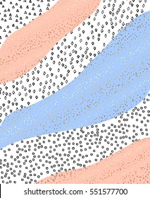 Abstract modern background with diagonal stripes, hand drawn textures, gold and geometric elements. 
