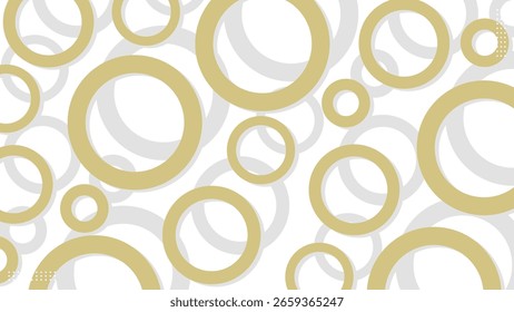 Abstract modern background with dynamic gold circles and realistic gray shadows on a clean white surface.