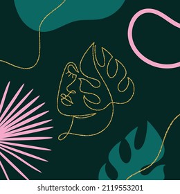 Abstract modern background with flat and line art tropical green leaves. Trendy linear woman face drawing. Vector Illustration. Velvet Jade and golden colors. 