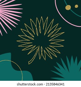 Abstract modern background with flat and line art tropical green leaves. Trendy linear drawing. Vector Illustration. Velvet Jade and golden colors. 