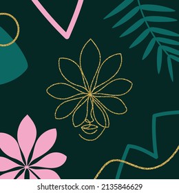 Abstract modern background with flat and line art tropical green leaves. Trendy linear woman face drawing. Vector Illustration. Velvet Jade and golden colors. 