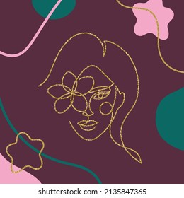 Abstract modern background with flat and line art tropical flower. Trendy linear woman face drawing. Vector Illustration. Velvet Jade and golden colors. 
