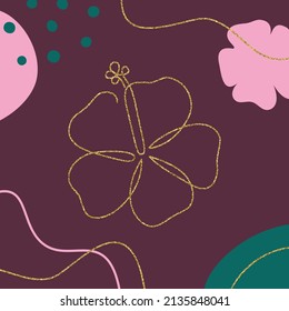 Abstract modern background with flat and line art tropical hibiscus flower. Trendy linear drawing. Vector Illustration. Velvet Jade and golden colors. 