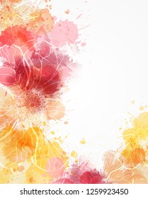 Abstract modern background with abstract florals on watercolor splashes