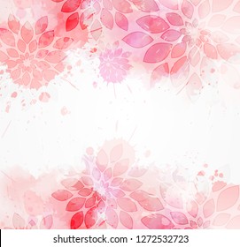 Abstract modern background with abstract florals on watercolor splashes. Light pink colored