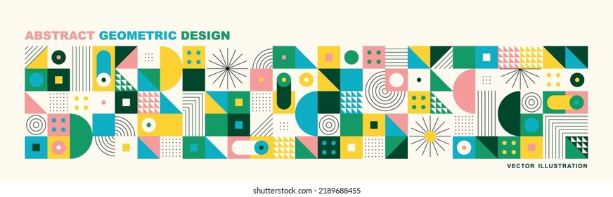 Abstract modern background with geometric shapes. Squares, circles, triangles, stripes. Bauhaus style. Set with graphic elements. Seamless pattern. Design in minimal flat style. Vector illustration.