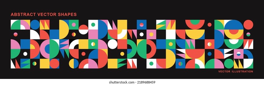 Resumen del fondo moderno con formas geométricas. Cuadrados, círculos, triángulos, rayas. Estilo Bauhaus. Establecer con elementos gráficos. Patrón sin foco. Diseño de estilo plano mínimo. Ilustración vectorial.