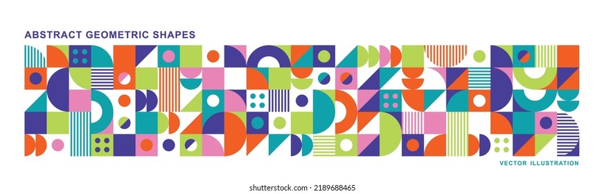 Abstract modern background with geometric shapes. Squares, circles, triangles, stripes. Bauhaus style. Set with graphic elements. Seamless pattern. Design in minimal flat style. Vector illustration.