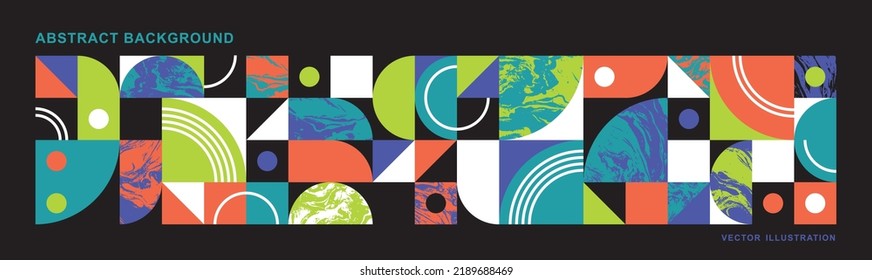 Abstract modern background with geometric shapes. Squares, circles, triangles, stripes. Bauhaus style. Set with graphic elements. Seamless pattern. Design in minimal flat style. Vector illustration.