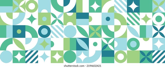 Abstract modern background with geometric shapes. Bauhaus style. Squares, circles, triangles, stripes. Set with graphic elements. Seamless pattern. Design in minimal flat style. Vector illustration.