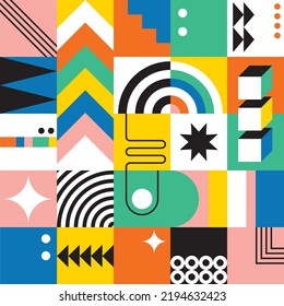 Abstract modern background with geometric shapes. Bauhaus style. Squares, circles, triangles, stripes. Set with graphic elements. Seamless pattern. Design in minimal flat style. Vector illustration.