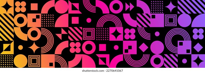 Abstract modern background with geometric shapes. Squares, circles, triangles, stripes. Bauhaus style. Set with graphic elements. Seamless pattern. Design in minimal flat style. Vector illustration.