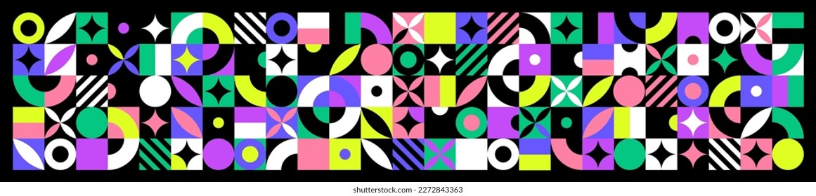 Abstract modern background with geometric shapes. Squares, circles, triangles, stripes. Bauhaus style. Set with graphic elements. Seamless pattern. Design in minimal flat style. Vector illustration.