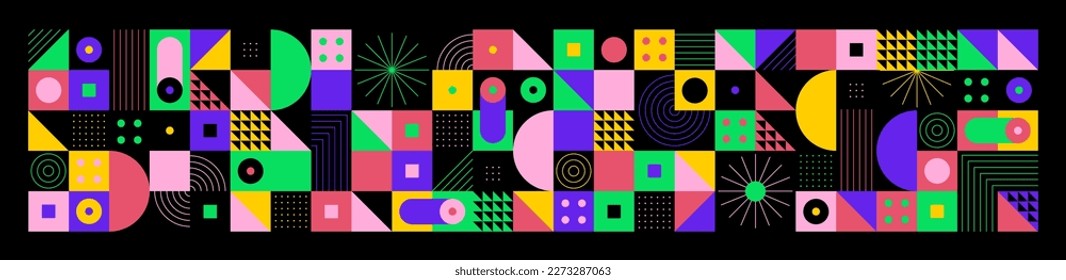 Abstract modern background with geometric shapes. Squares, circles, triangles, stripes. Bauhaus style. Set with graphic elements. Seamless pattern. Design in minimal flat style. Vector illustration.