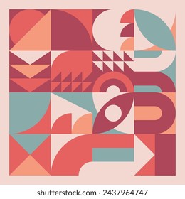 Fondo moderno abstracto con formas geométricas. Cuadrados, círculos, triángulos, rayas. Estilo Bauhaus. Conjunto con elementos gráficos. Patrón sin costuras. Diseño en estilo minimalista plano. Ilustración vectorial.