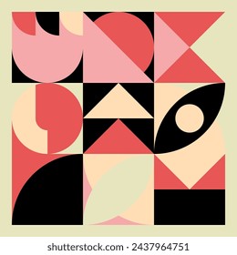 Abstract modern background with geometric shapes. Squares, circles, triangles, stripes. Bauhaus style. Set with graphic elements. Seamless pattern. Design in minimal flat style. Vector illustration.