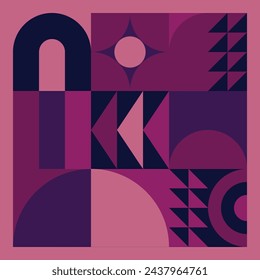 Abstract modern background with geometric shapes. Squares, circles, triangles, stripes. Bauhaus style. Set with graphic elements. Seamless pattern. Design in minimal flat style. Vector illustration.